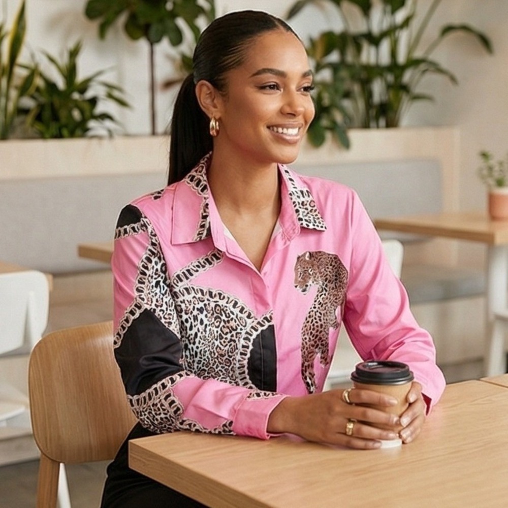 ChicMe L Pink Leopard Chain Print Long Sleeve Button Down Blouse Whimsical Cute - Picture 2 of 13